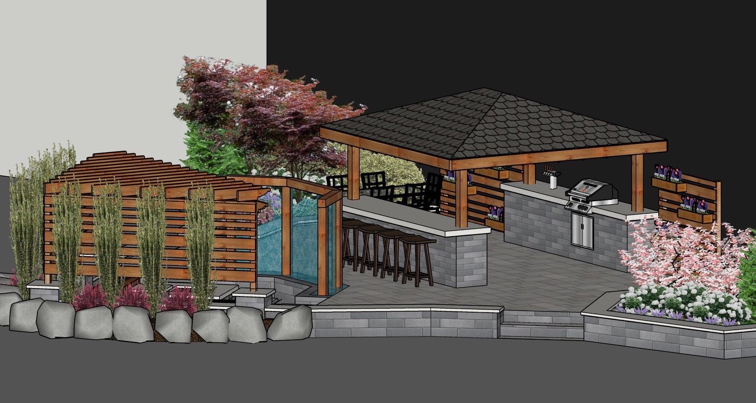 Precision Outdoors Indianapolis Home show 2019 Design Render Indianapolis Indiana Exterior Design Outdoor Living sunken porcelain fire pit space freestanding water wall structure cedar pergola screening walls privacy screens privacy walls with custom planters rough cedar pavilion gathering space outdoor kitchen grill bar space paver patio walls walkways