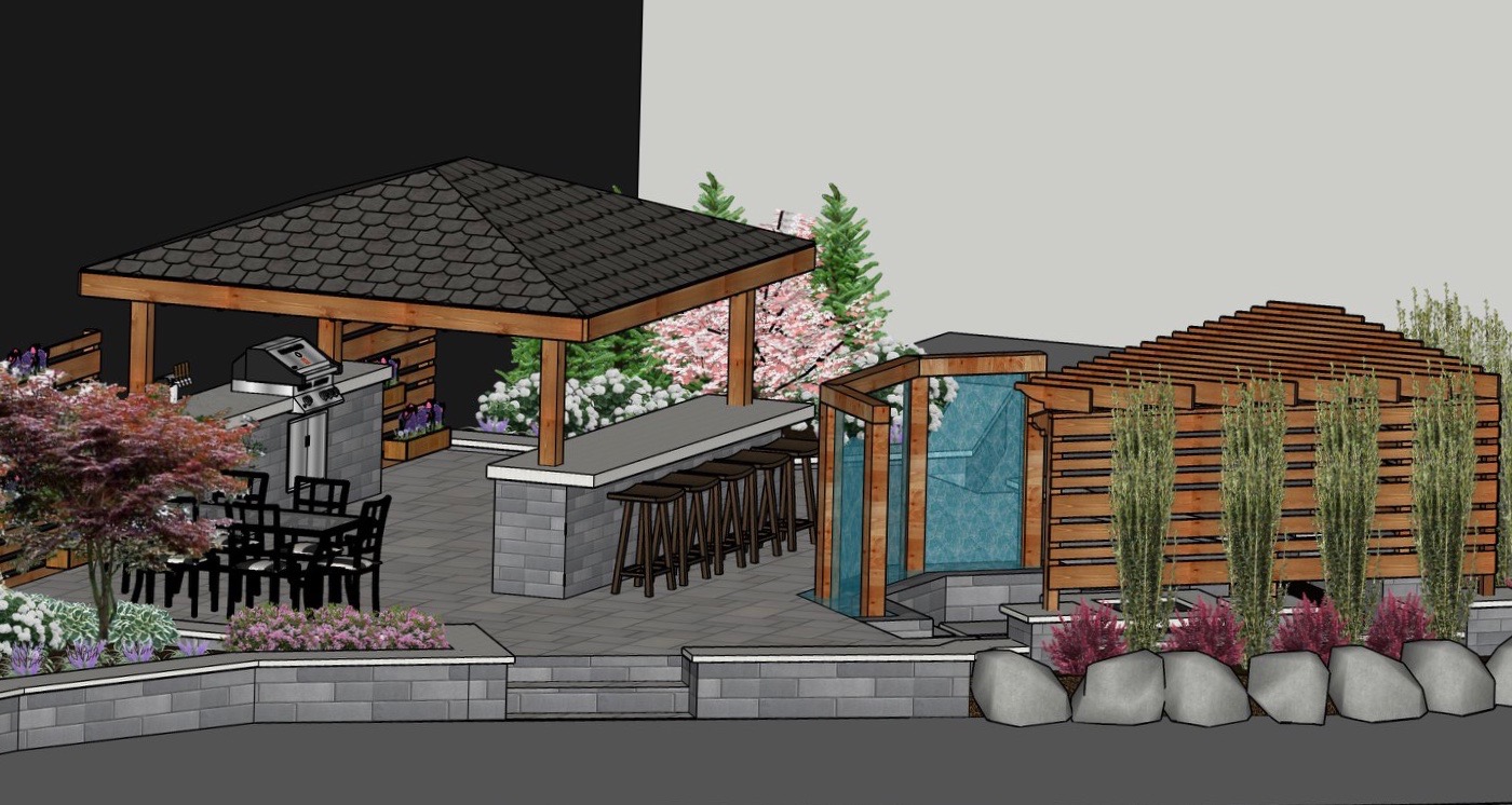 Precision Outdoors Indianapolis Home show 2019 Design Render Indianapolis Indiana Exterior Design Outdoor Living sunken porcelain fire pit space freestanding water wall structure cedar pergola screening walls privacy screens privacy walls with custom planters rough cedar pavilion gathering space outdoor kitchen grill bar space paver patio walls walkways