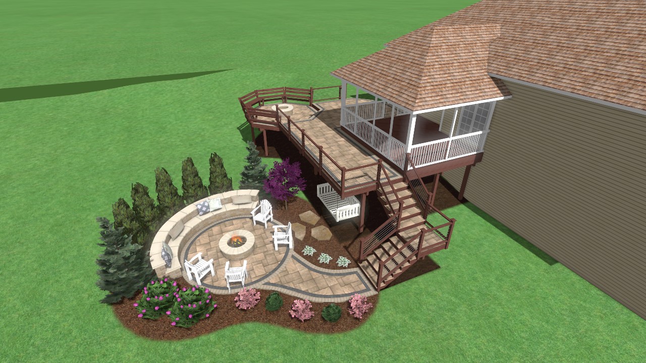 Multilevel Gathering Space Design Precision Outdoors two fire pit areas paver patio deck flagstone walkway