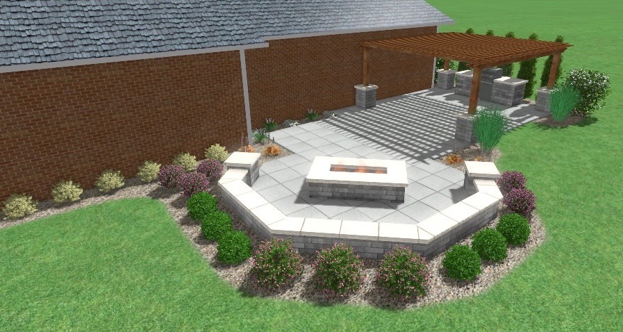 Avon Paver patio & pergola precision outdoors design cedar pergola custom block columns porcelain paver patio belgard Turin materials rapids color accent seating wall unilock lineo wall charcoal gray gathering space instant gas fire pit personal grill sizzler pro unit double access doors