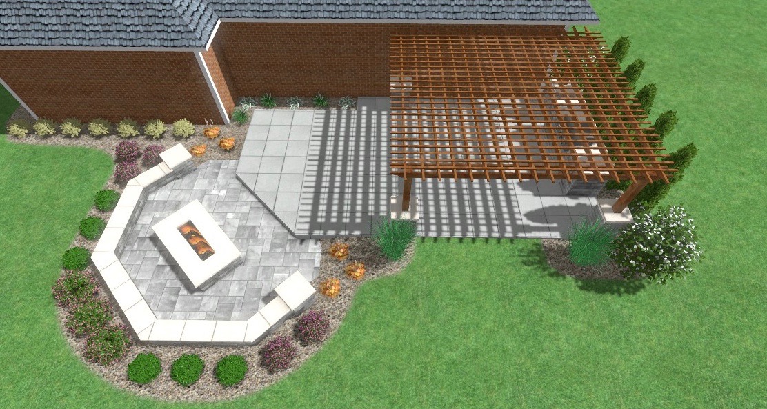 Avon Paver patio & pergola precision outdoors design cedar pergola custom block columns porcelain paver patio belgard Turin materials rapids color accent seating wall unilock lineo wall charcoal gray gathering space instant gas fire pit personal grill sizzler pro unit double access doors