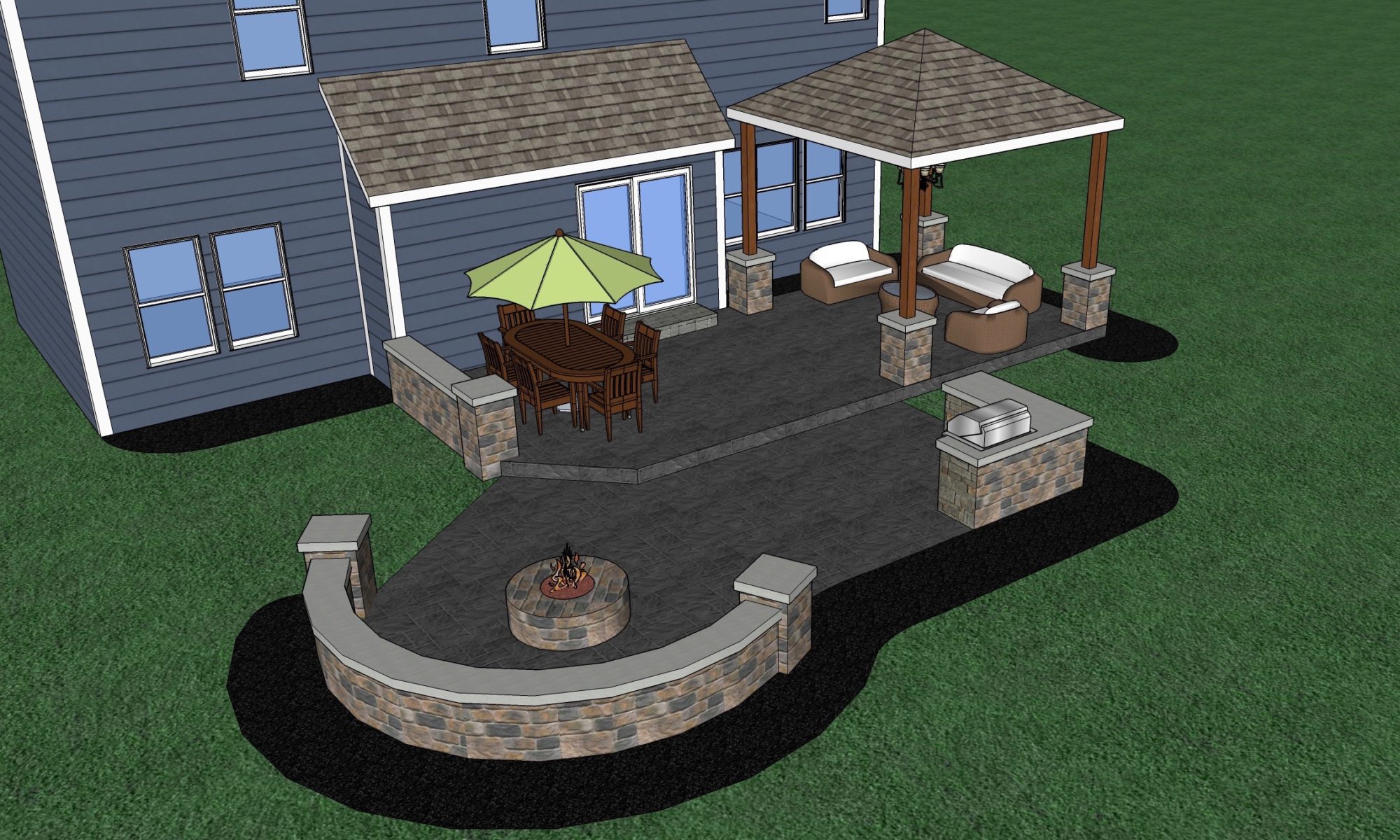 Greenwood Patio, Pergola and Fire Pit Precision outdoors design custom unilock paver patio cedar pergola base additions personal fire pit seating wall