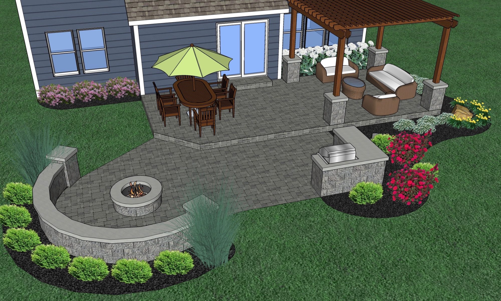 Greenwood Patio, Pergola and Fire Pit Precision outdoors design custom unilock paver patio cedar pergola base additions personal fire pit seating wall