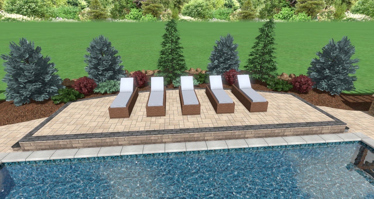 Avon Patio & Structure precision outdoors design custom built a-frame textured fireplace chimney pergola inspired structure decor seating space raised sundeck tanning relaxation stamped concrete patio style patio wrap-around aesthetic stone steps outdoor elements