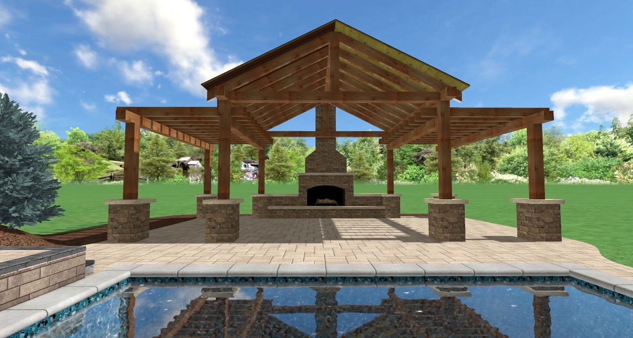 Avon Patio & Structure precision outdoors design custom built a-frame textured fireplace chimney pergola inspired structure decor seating space raised sundeck tanning relaxation stamped concrete patio style patio wrap-around aesthetic stone steps outdoor elements