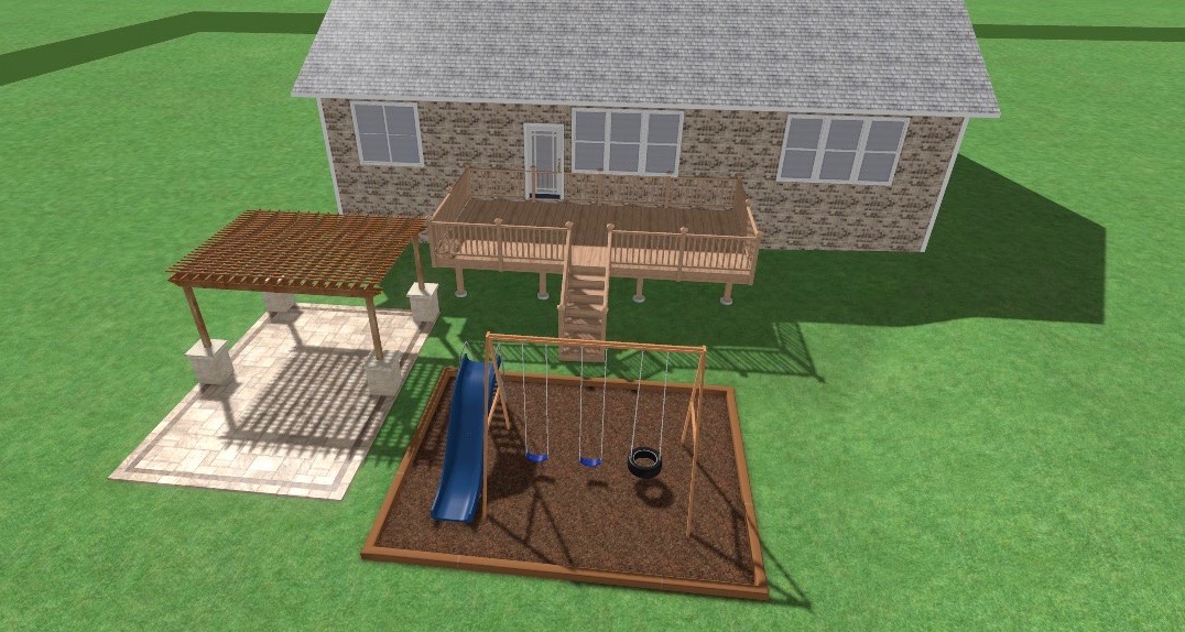 Fishers Pergola & fire pit cedar structure paver patio belgard beige color accents wrap around fire pit firepit bench space kids play area playground deck slide built-in built in play pad swing set area family friendly