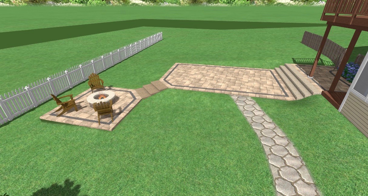 Fishers Paver Patio precision outdoors design yard encompassing paver patio color elements belgard materials charcoal trim block fire pit quaint paved space stairs bridge porch pathway frontyard backyard landscaping mulching