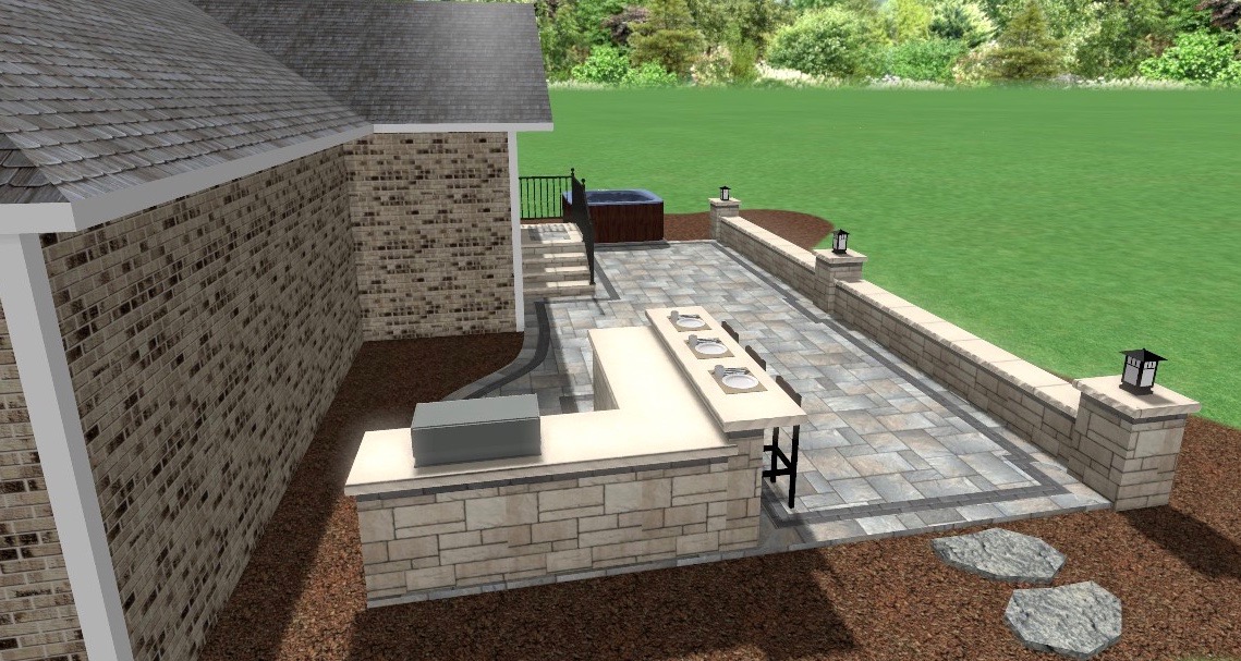 Center Grove Grill, Paver patio & retaining wall built-in built in outdoor kitchen extended bar seating gathering space paver patio belgard moduline elevated deck kitchen veneer ashlar tandem material backyard landscaping rock bed trees shrubs bulbs precision outdoors design