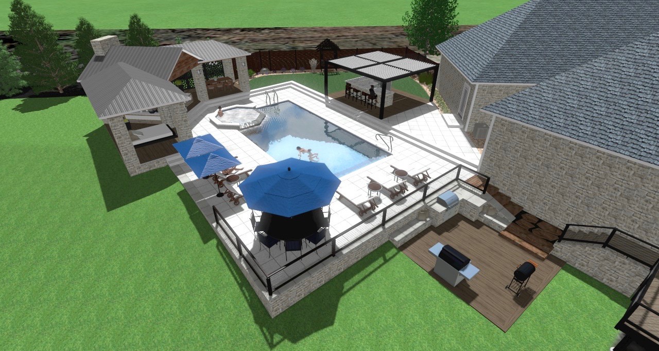 luxury oasis precision outdoors design built-in built in outdoor kitchen extended bar seating hanging out by grill gathering space infinity edge hot tub smart pergola outdoor swinging swing daybed custom wood burning fire place backyard