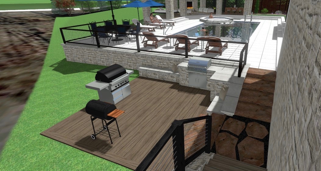 luxury oasis precision outdoors design built-in built in outdoor kitchen extended bar seating hanging out by grill gathering space infinity edge hot tub smart pergola outdoor swinging swing daybed custom wood burning fire place backyard