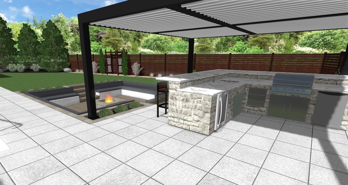 modern oasis precision outdoors designs built-in built in outdoor kitchen extended bar seating hanging out grill fire pit sunken seating secluded grilling deck backyard pitched roof structure