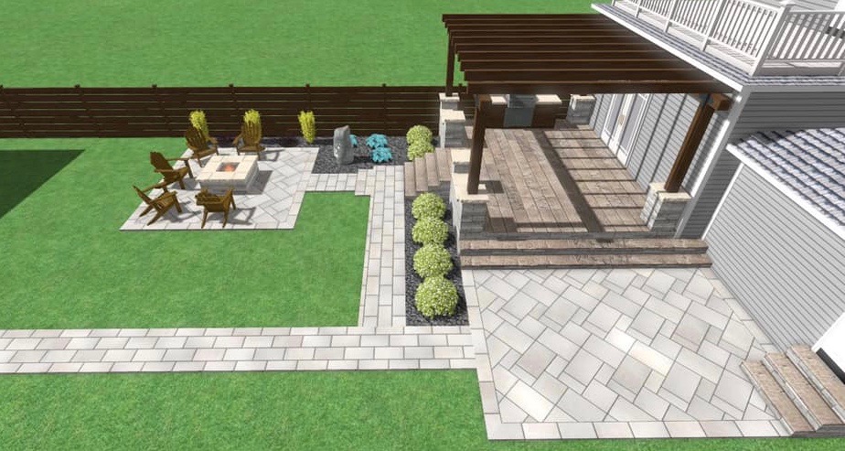 Modern Rustic Timber Pergola and fire pit precision outdoors design raised porcelain paver deck timber pergola paver patio gas fire pit bubbling boulder