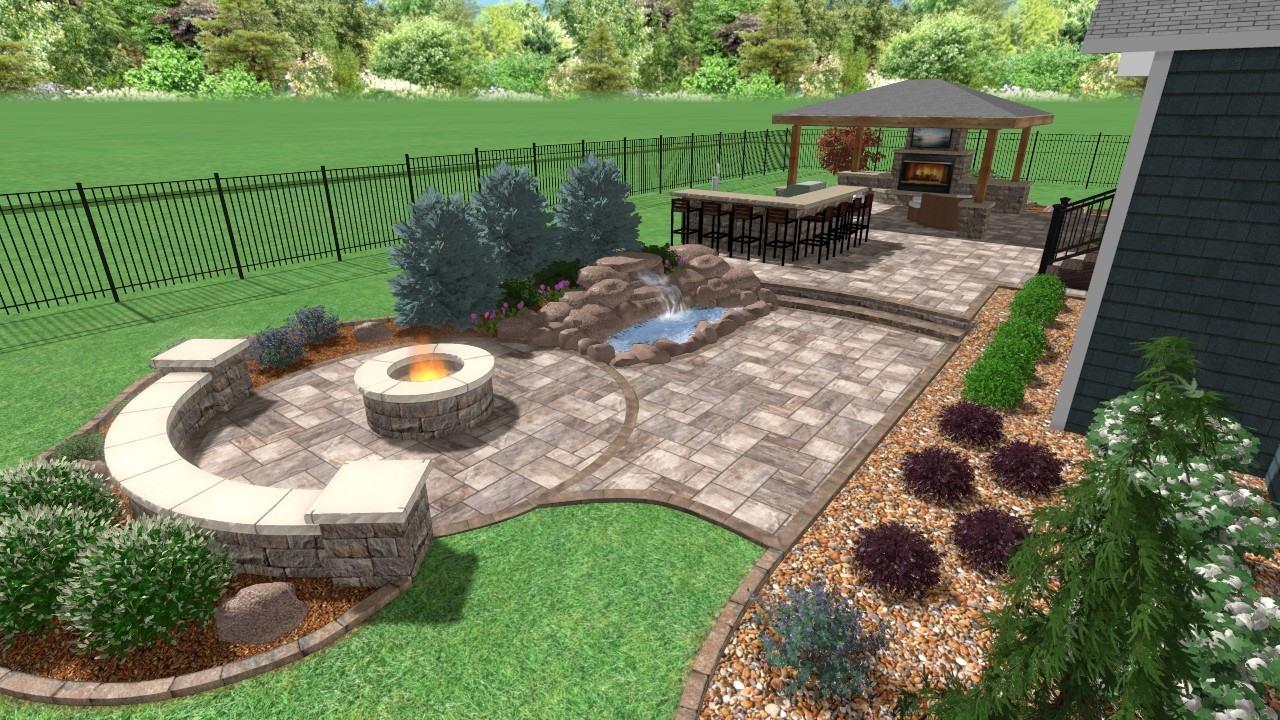 precision outdoor living urban pergola fire pit waterfall