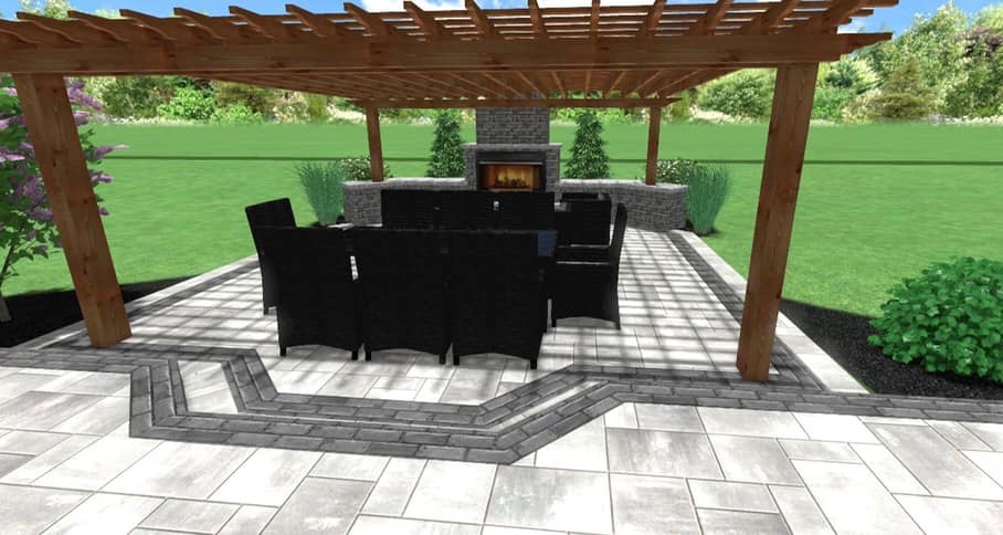Brownsburg Pergola and fireplace timber pergola L-shaped built-in grill fireplace paver patio