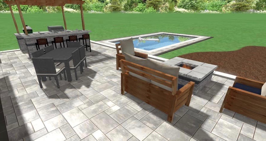 pool oasis modern fireplace precision outdoor paver patio pergola