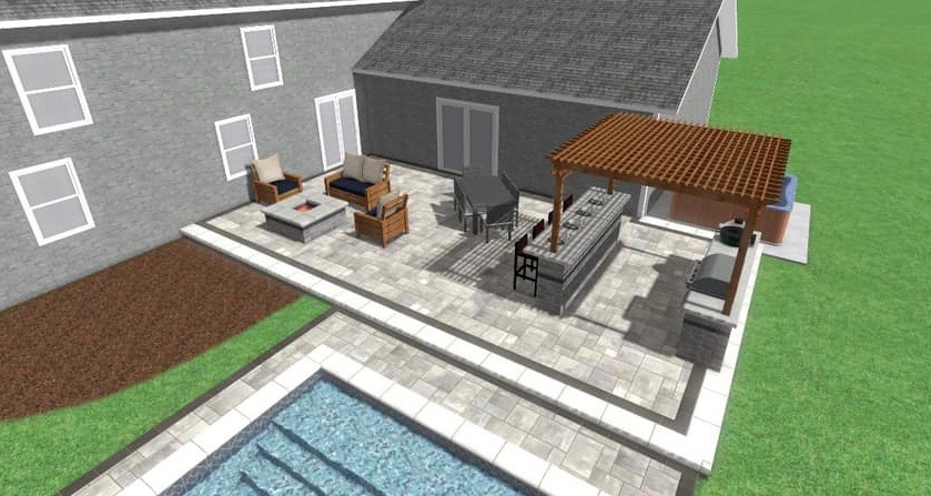 Modern Poolside Oasis precision outdoors design paver patio gable roof structure larger paver pool deck fireplace
