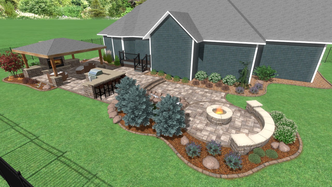 Epic Urban Outdoor Living Rough timber structure outdoor kitchen pond with waterfall secluded fire pit seating wall paver patio
