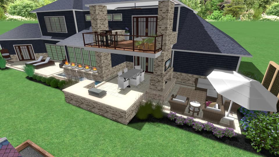 Modern Elevated Patio & Fireplace see through wood burning fireplace elevated deck generous seating room water fire bowl features built-in builtin outdoor kitchen extended bar seating space backyard landscaping rock bed trees bulbs shrubs
