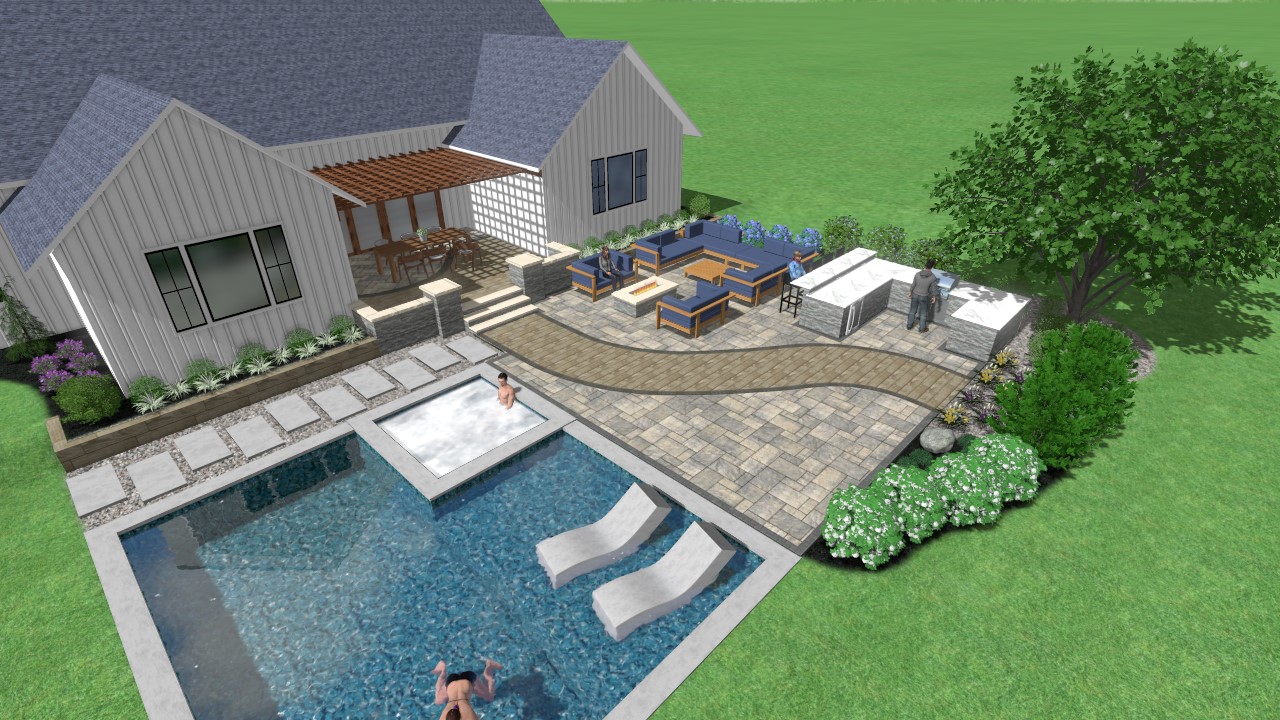 farmhouse living outdoor precision outdoors patio paver firepit pool pergola