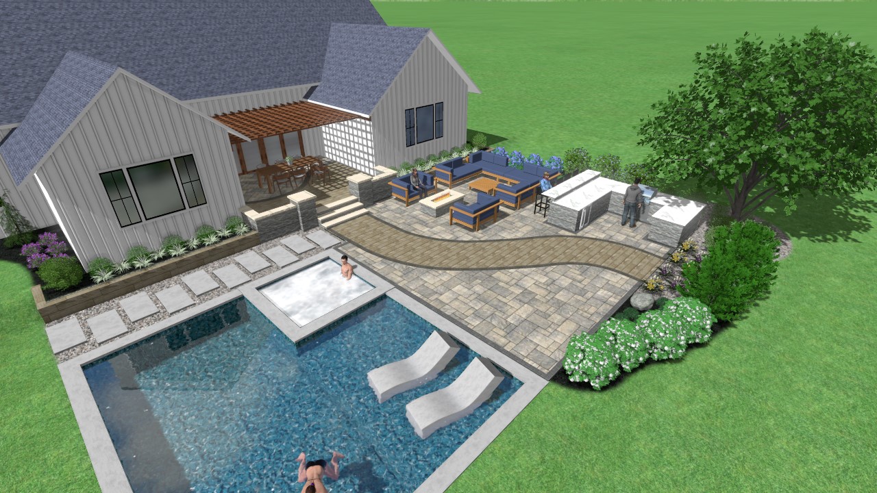 Farmhouse Outdoor Living builtin built-in outdoor kitchen extended bar seating paver patio backyard landscaping rock bed trees bulbs shrubs lawn service cedar pergola electric fire pit