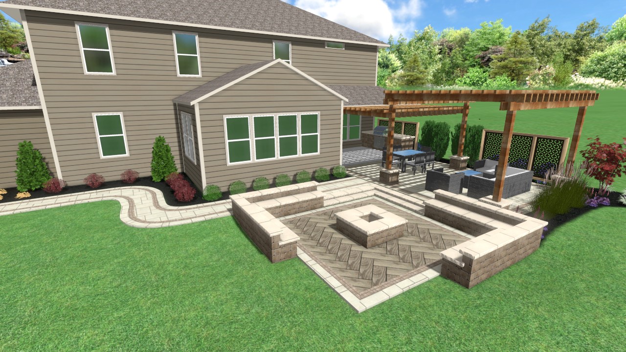 Welchel Springs Patio Indiana Precision Outdoors rough timber structure outdoor kitchen secluded firepit fire pit seating wall backyard landscaping mulching mulch bed trees bulbs shrubs pergola round space entertaining