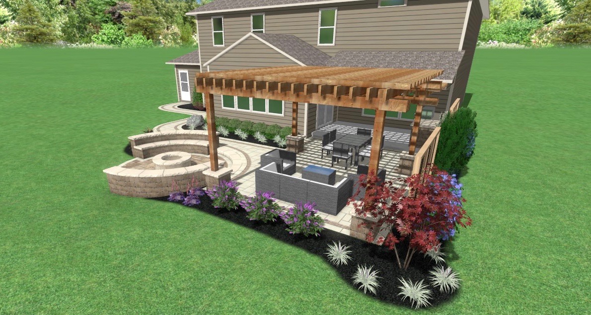 Welchel Springs Patio Indiana Precision Outdoors rough timber structure outdoor kitchen secluded firepit fire pit seating wall backyard landscaping mulching mulch bed trees bulbs shrubs pergola round space entertaining