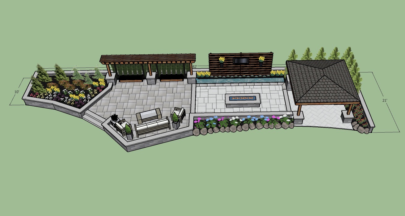 Indiana Flower & Patio Show 2020 cedar pergola privacy walls custom planters rough cedar pavilion gathering space outdoor kitchen grill bar space porcelain paver patio walls walkways indianapolis
