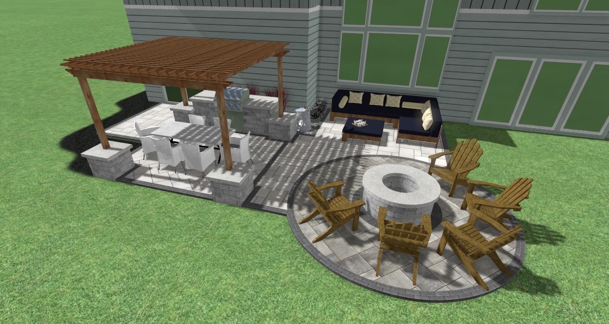 Stylish Outdoor Living elevated deck generous ample seating room fire pit wall built-in built in outdoor kitchen extended bar space lounging backyard landscaping rock bed trees bulbs shrubs precision outdoors design
