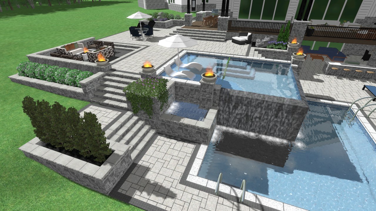 Adamantine Backyard precision outdoors design cedar pergola structure nestled with firm paver patio belgard beige color accents wrap around fire pit bench space kids play area playground slide built-in built in deck sandbox play pad swing set area waterfall edge hot tub pool gas fireplace pergola stone built base paver patio garden bed terrace dual sided fireplace outdoor dog shower