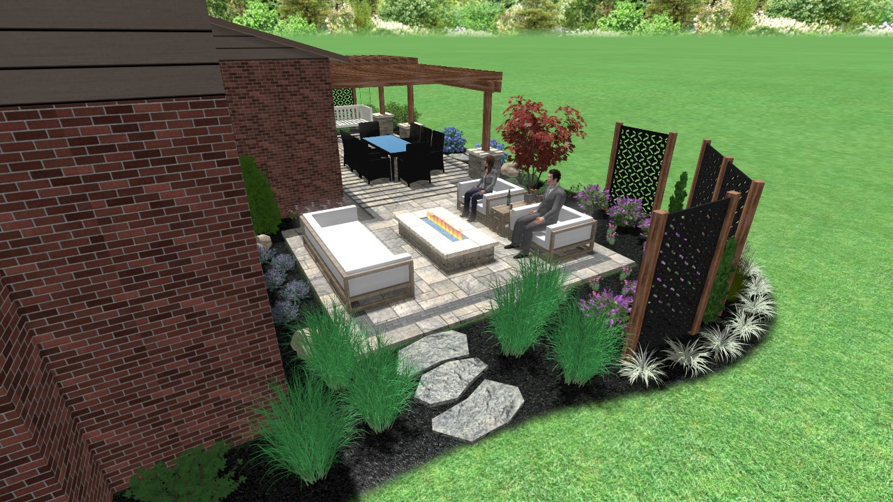 Kensington Oasis Greenwood Indiana Precision Outdoors Design rough timber structure pergola outdoor kitchen and grill bar seating secluded privacy fire pit outdoor fire place custom paver patio entertaining gathering space beautiful backyard stone walkway pathway