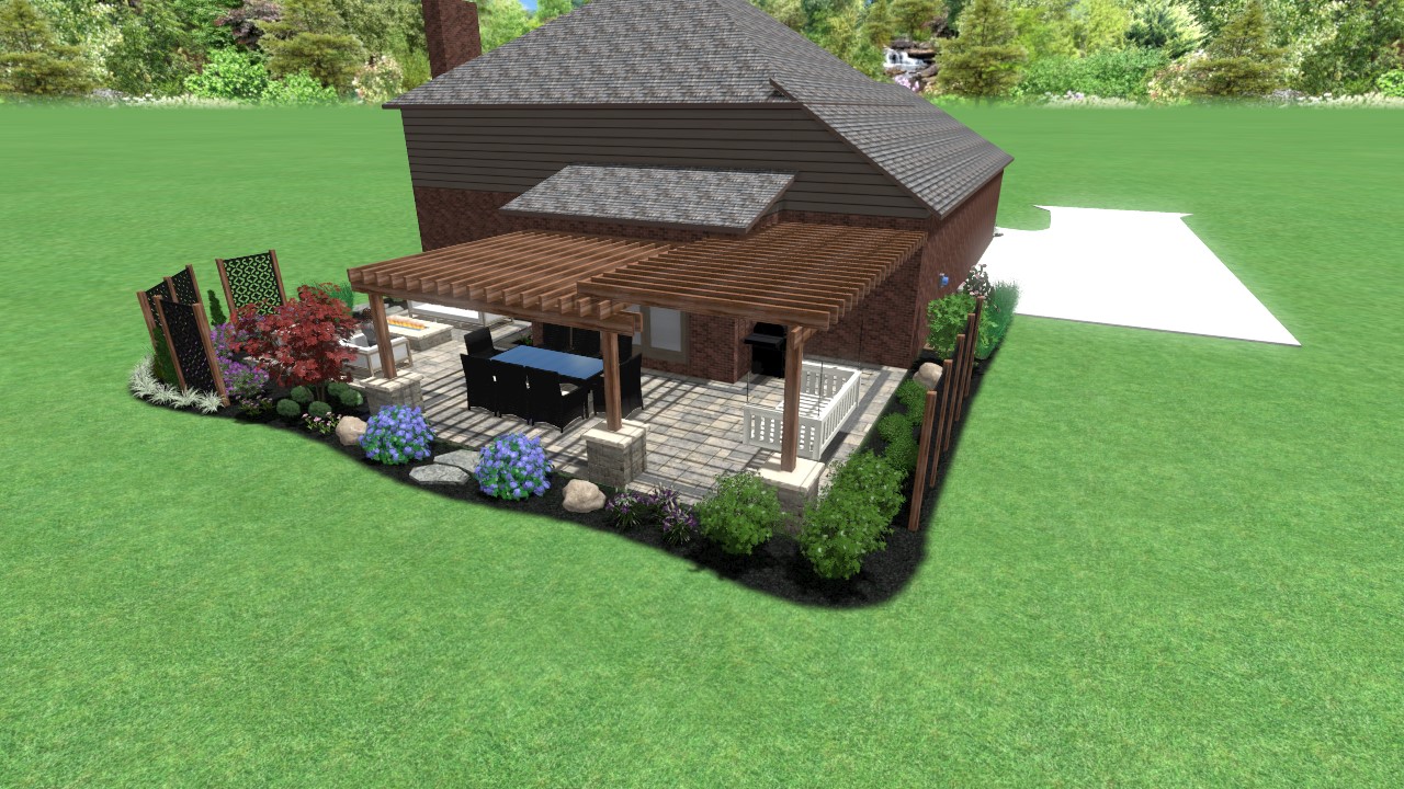 Kensington Oasis Greenwood Indiana Precision Outdoors Design rough timber structure pergola outdoor kitchen and grill bar seating secluded privacy fire pit outdoor fire place custom paver patio entertaining gathering space beautiful backyard stone walkway pathway