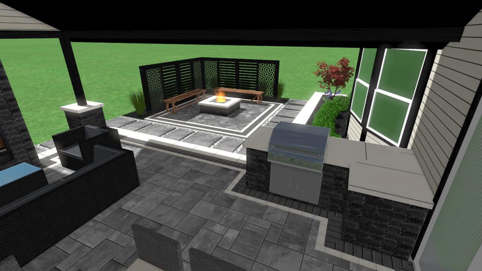 design modern lined patio precision outdoors landscaping structure paver firepit fire pit gable roof structure outdoor kitchen welcoming modern stepping stones walkway path paver patio Avon indiana precision outdoors
