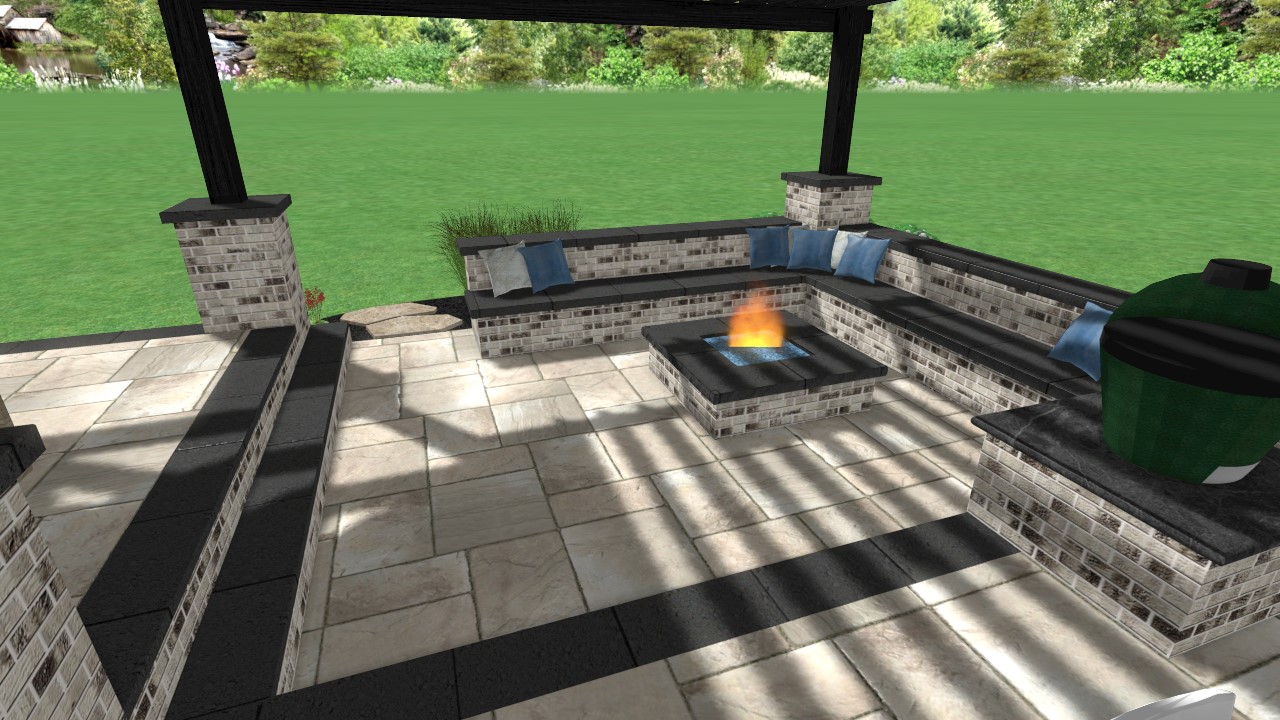 Noblesville Pavilion Precision Outdoors built in kitchen extended bar seating hang out space paver patio rough timber structure secluded grilling deck wood burning fireplace indiana