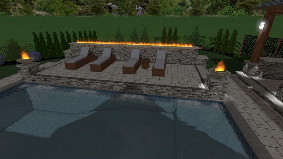 design dream backyard precision outdoors pool fire pergola structure fireplace outside modern stepping stone outdoor fireplace private dining ample seating multilevel outdoor kitchen paver patio privacy screen