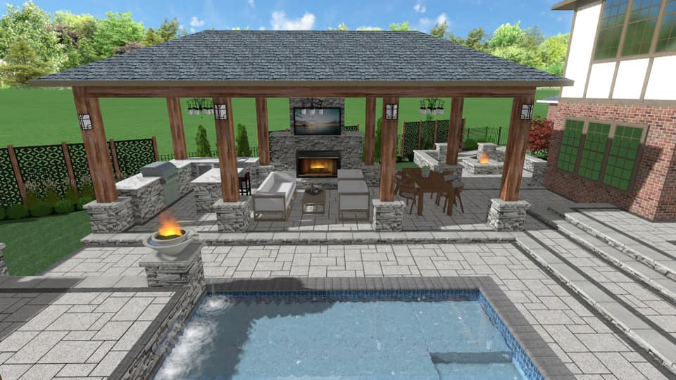 design dream backyard precision outdoors pool fire pergola structure fireplace outside modern stepping stone outdoor fireplace private dining ample seating multilevel outdoor kitchen paver patio privacy screen