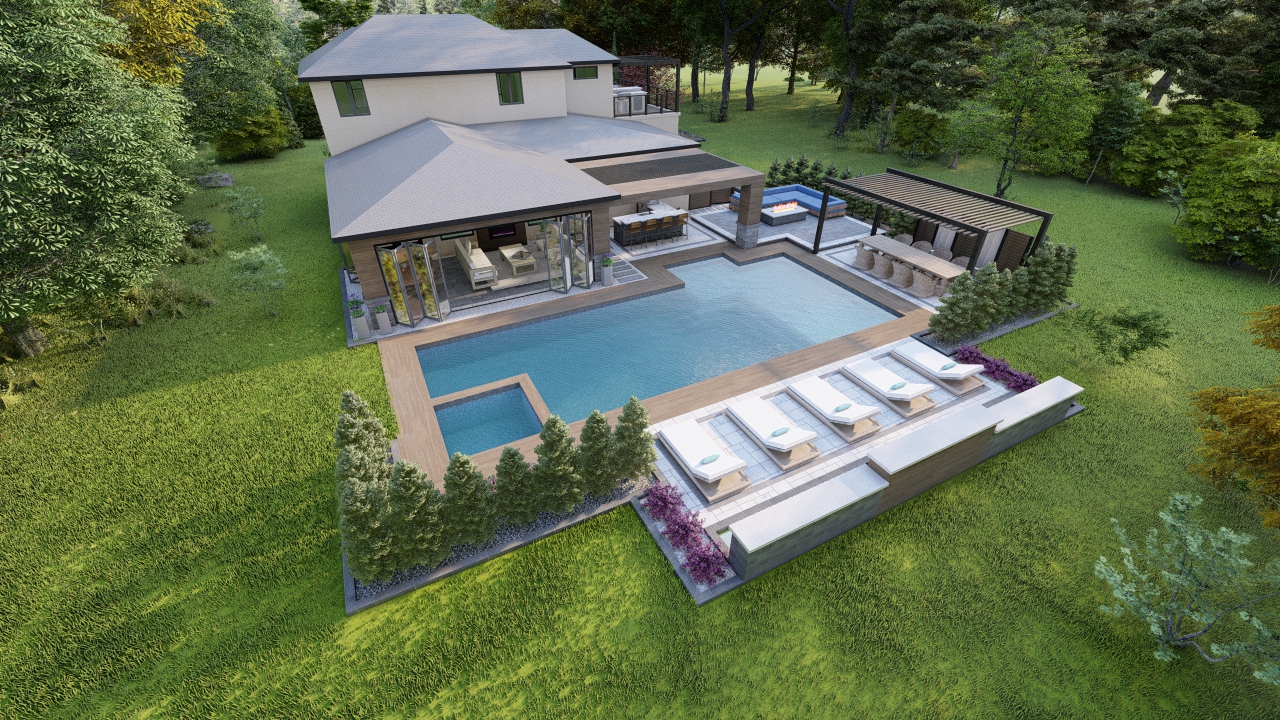 Modern Prairie precision outdoors private dining ample seating room multilevel paver patio secluded fire pit hybrid hot tub and pool outdoor kitchen