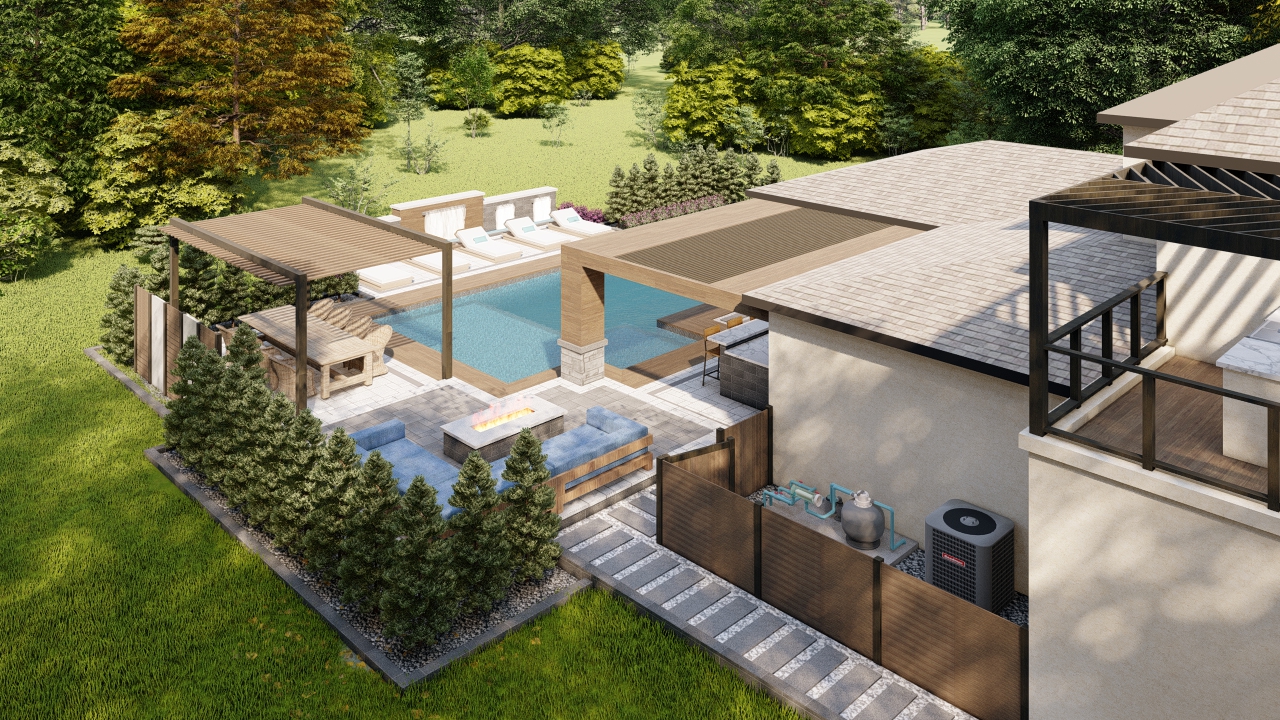 Modern Prairie precision outdoors private dining ample seating room multilevel paver patio secluded fire pit hybrid hot tub and pool outdoor kitchen