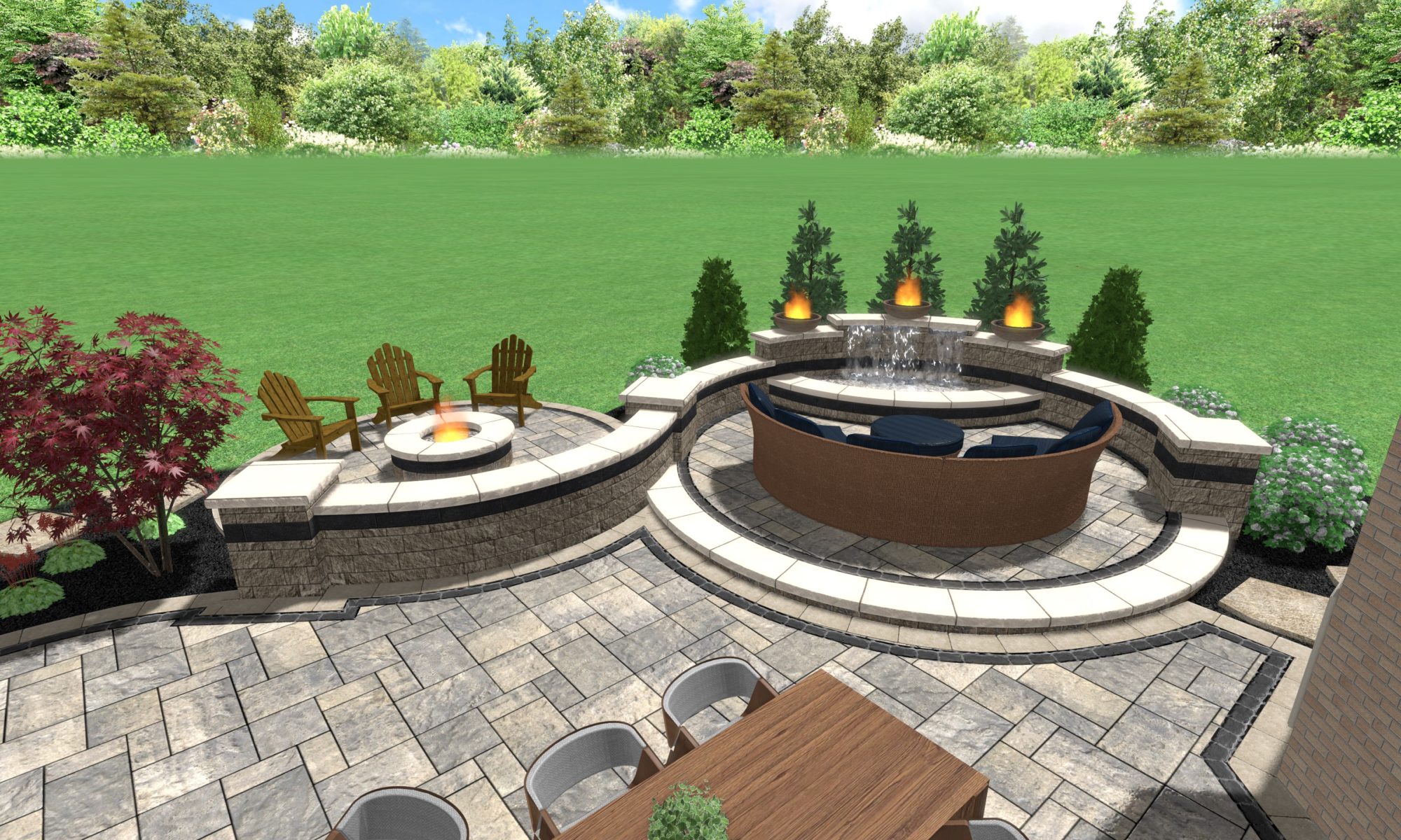 Curves of Fire precision outdoors design custom landscaping separated fire pit firepit water feature two double gas fire bowls unilock paver patio beacon hill flagstone alpine grey water fountain