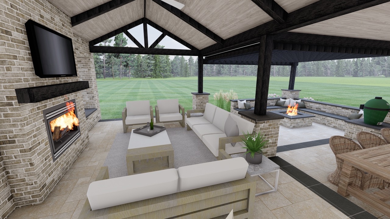 Noblesville Pavilion Precision Outdoors built in kitchen extended bar seating hang out space paver patio rough timber structure secluded grilling deck wood burning fireplace indiana