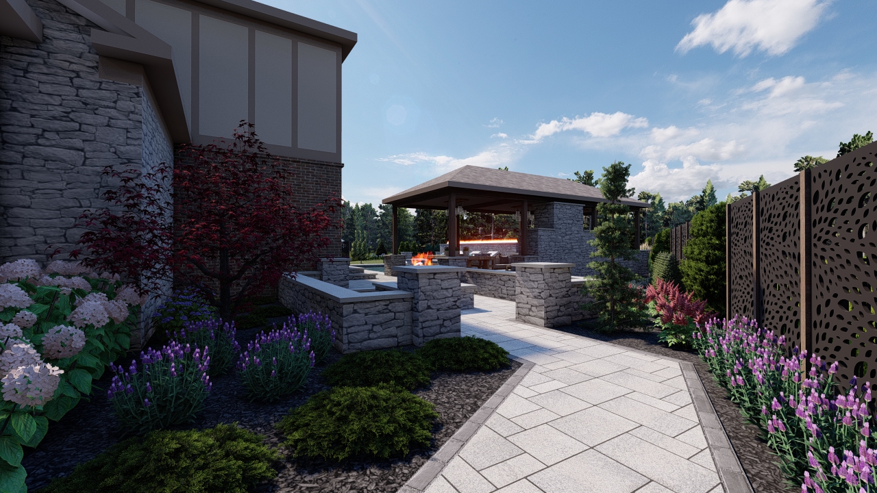 Poolside Pavilion design precision outdoors cedar pergola built-in grill built in paver patio fence privacy screen flagstone walkway Bargersville indiana