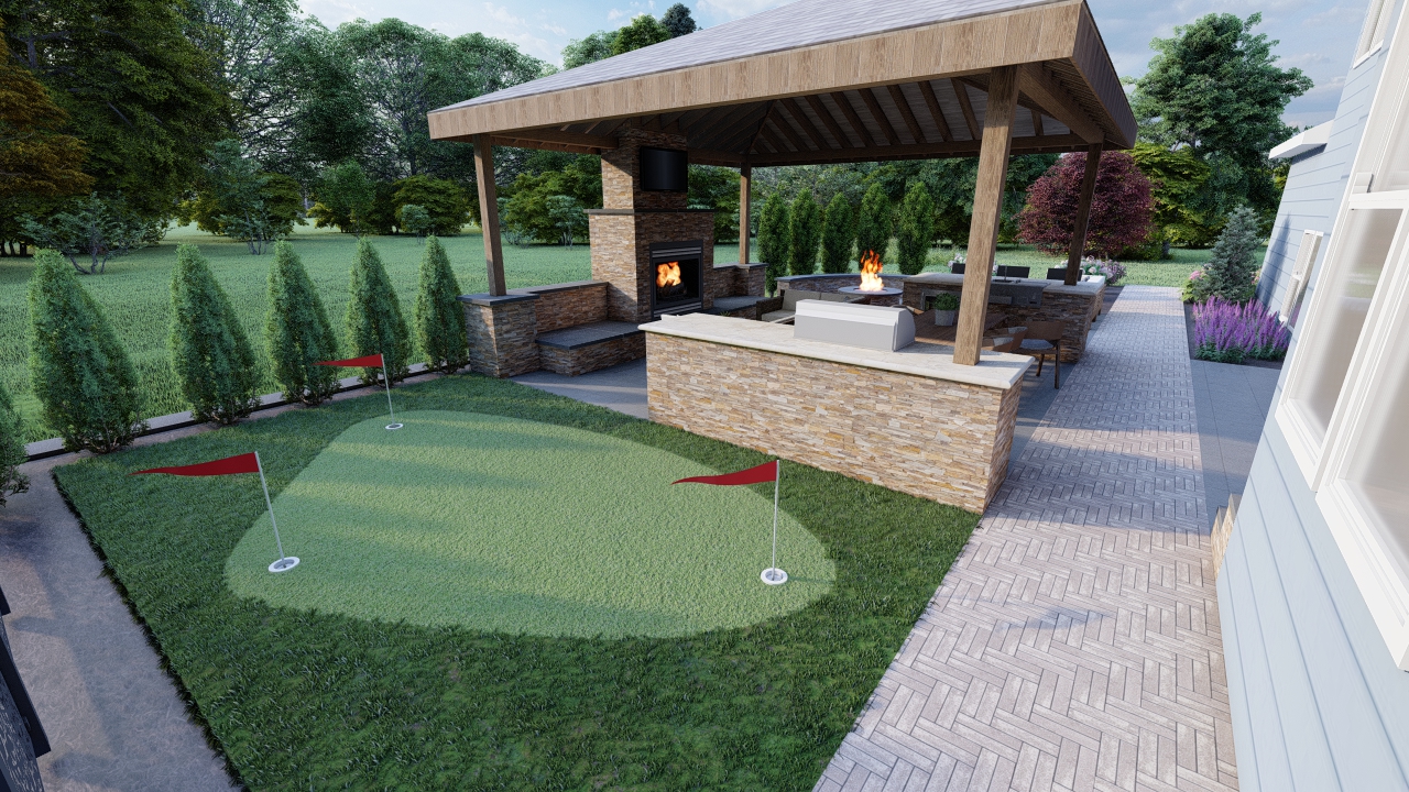 Mini Golf backyard precision outdoors private dining area with ample seating retaining wall outdoor fireplace fire pit miniature golf putt putt entertaining backyard