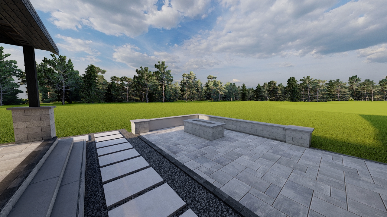 design modern lined patio precision outdoors landscaping structure paver firepit fire pit gable roof structure outdoor kitchen welcoming modern stepping stones walkway path paver patio Avon indiana precision outdoors