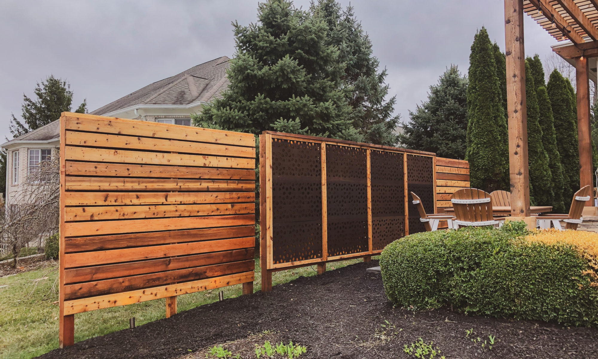 hickory stick pergola patio privacy screen precision outdoors backyard landscaping design custom screen fence grill kitchen