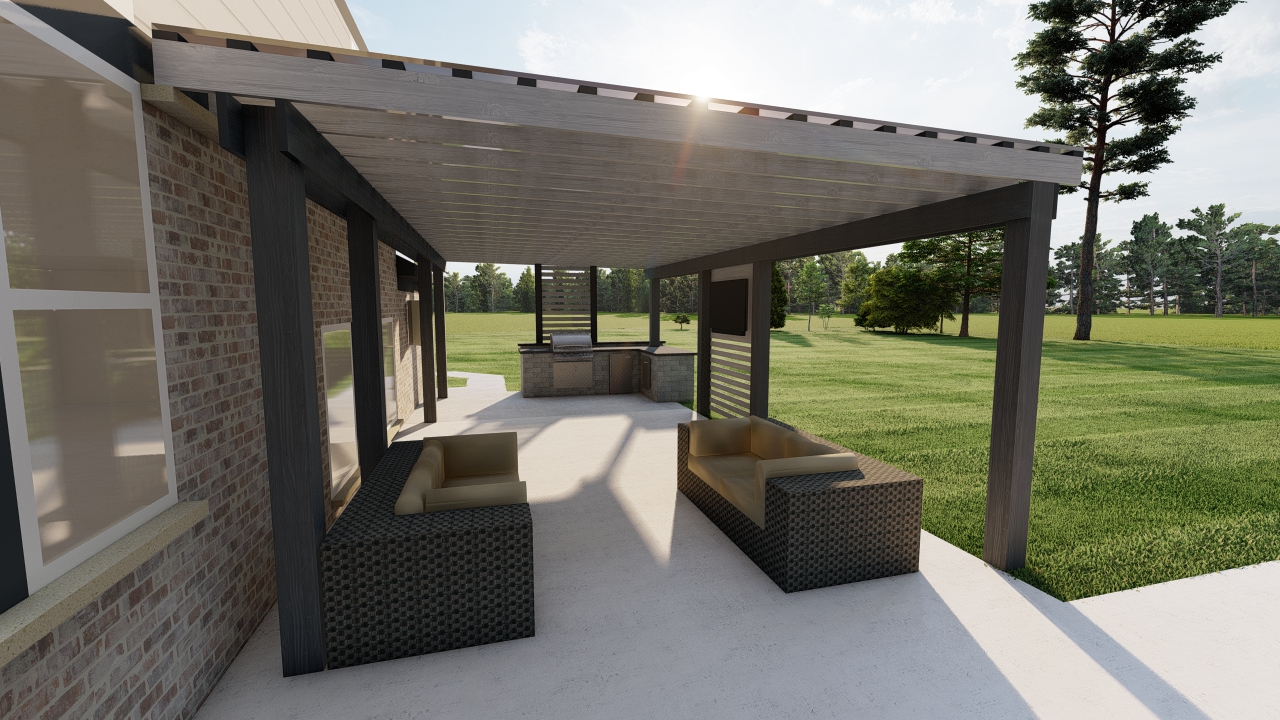 Covered Pergola Precision Outdoors plexiglass covering built in outdoor kitchen with grill and miniature refrigerator concrete patio wooden privacy screens attached to pergola