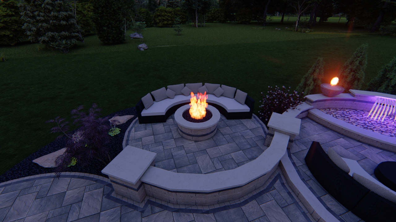 Curves of Fire precision outdoors design custom landscaping separated fire pit firepit water feature two double gas fire bowls unilock paver patio beacon hill flagstone alpine grey water fountain