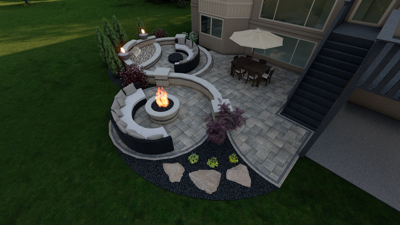 Curves of Fire precision outdoors design custom landscaping separated fire pit firepit water feature two double gas fire bowls unilock paver patio beacon hill flagstone alpine grey water fountain