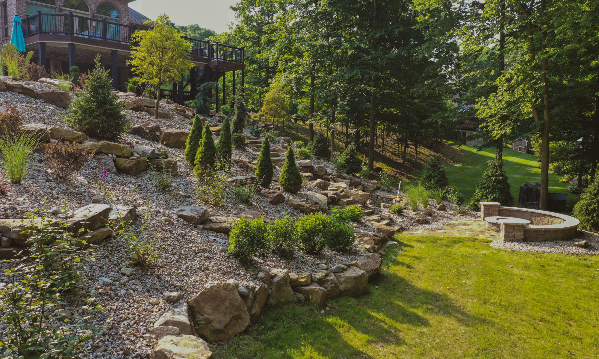 Precision Outdoors the epic waterfall rocks boulders stairs outdoor dream backyard fire pit pool waterfall indianapolis indiana seating wall amazing basketball court landscaping