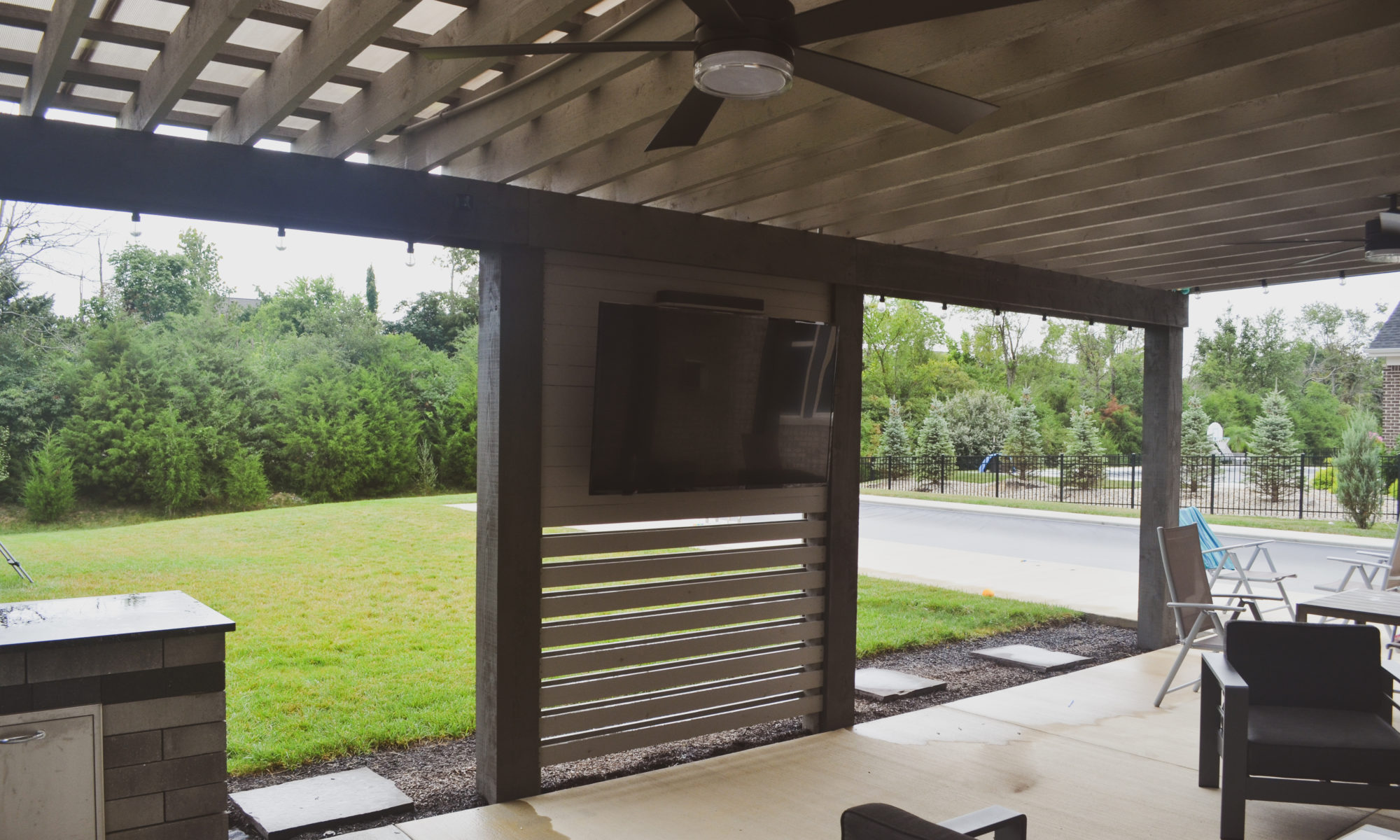 Precision Outdoors Modern Covered Pergola plexiglass covering grill island decorative privacy screens concrete patio Bargersville indiana