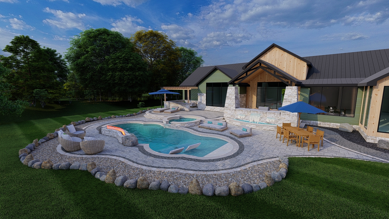 Mountain Estate Precision Outdoors Design gable roof structure paver patio pool with spillover hot tub sunken boulder fire pit two pergolas outdoor kitchen outdoor dining area