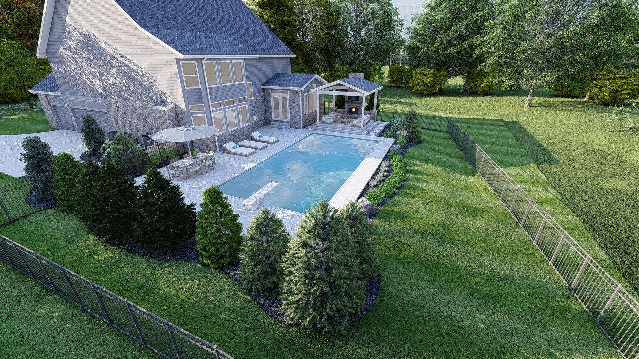 Precision Outdoors Poolside at Thorp Creek gable roof structure fireplace concrete patio pool backyard walkway